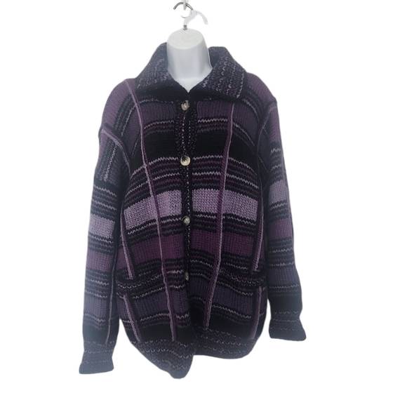 Vintage Dobrila Handknit 100% Wool Sweater Size Large Pockets Retro Plaid. - Picture 1 of 9